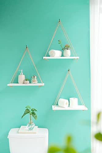 Mkono Wood Hanging Shelves for Wall Boho Decor Swing Rope Rustic Floating Shelf, Set of 3 Wall Display Shelving Home Org