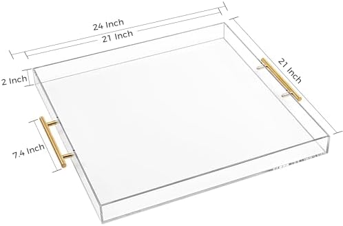 Extra Large Clear Acrylic Serving Tray (21×21 Inches) with Gold Handles Spill Proof Acrylic Over Size Big Decorative Tra
