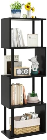 IBUYKE 5-Tier Tall Bookshelf,S-Shaped Geometric Bookcase,Black WBC015B