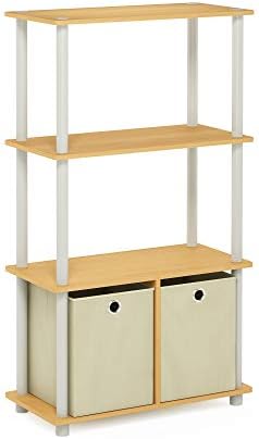 Furinno GO GREEN Storage Shelf, 4-Tier Storage Rack with Bins, Book Shelf, Display Rack, with Storage Bins, for Organiza
