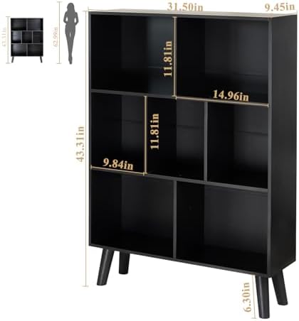 YAHARBO Black Bookshelf,3 Tier Modern Bookcase with Legs,Bookshelves Wood Storage Shelf, Open Book Shelves Cube Organize