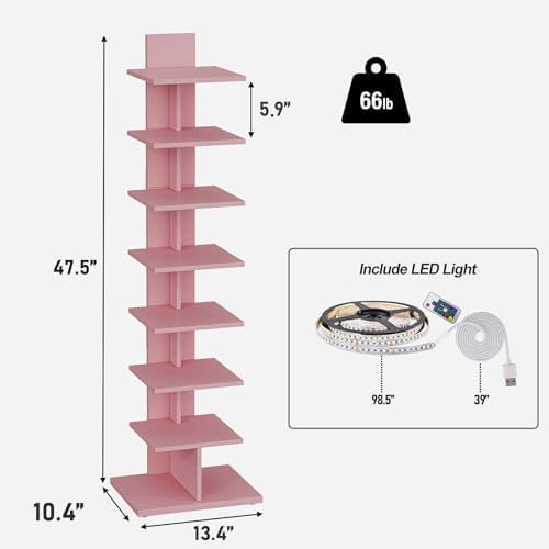 TUTOTAK Book Shelf, Narrow Spine Bookshelf, 8-Tier Bookcase with LED Lights