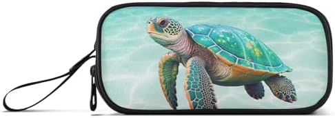 Sea Turtle Teal Pencil Case Box Boys Girls Large Pencil Pouch with Zipper Compartments Big Capacity Stationery Pen Bag Organizer for Kids Teens Adults School Office