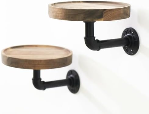 Round Wooden Floating Shelves Wall Mounted (Set of 2). Made of Acacia Wood. Industrial Pipe Brackets. A Unique Rustic Pe