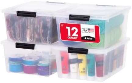 IRIS USA 4-Pack 12 Qt Storage Bins with Lids, Plastic Box, Clear/Black