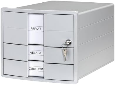 HAN Impuls 2.0 Drawer Box Lockable with 3 Closed Drawers for DIN A4/C4 Including Labelling Labels, Document Box, Base with Pull-Out Lock, Furniture-Friendly Rubber Feet, 1018-11, Light Grey