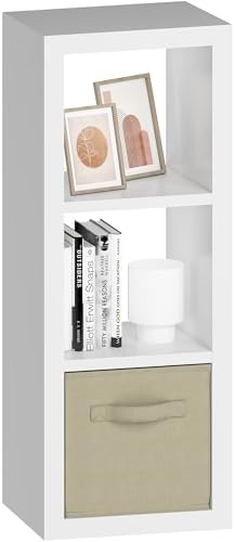 furtble 3 Cube Storage Organizer Shelf with Bins, White 3 Tier Bookcase with Fabric Storage Bins, Morden Bookshelf for B