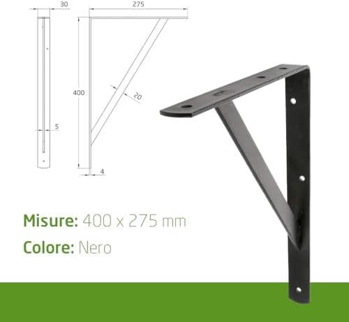 Amig, Pack of 4 Shelf Brackets Color Black, Bracket for Shelves 400 x 275 mm, Heavy-Duty Steel: up to 225 kg