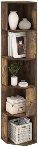 Black 5 Tier Slim Corner Bookshelf with Open Shelves, Wood Black Tall Corner Shelving Unit, Narrow Book Shelves for Bedr