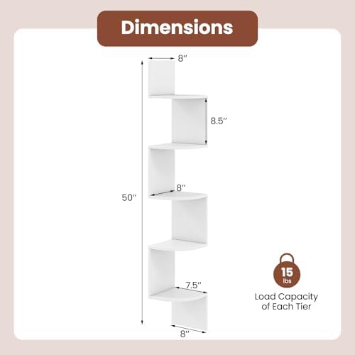 GIANTEX Corner Shelf Wall Mounted, 5-Tier Floating Corner Bookshelf, Home Storage Organizer, Wooden Display Stand Rack f