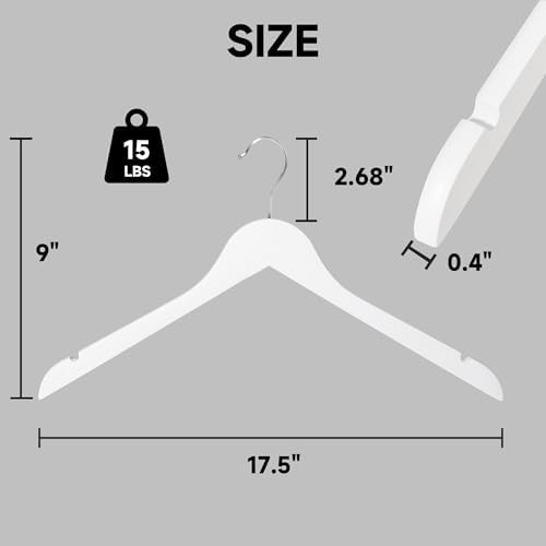 Wooden Top Hangers with 360° Swivel Hook, White, 24-Pack