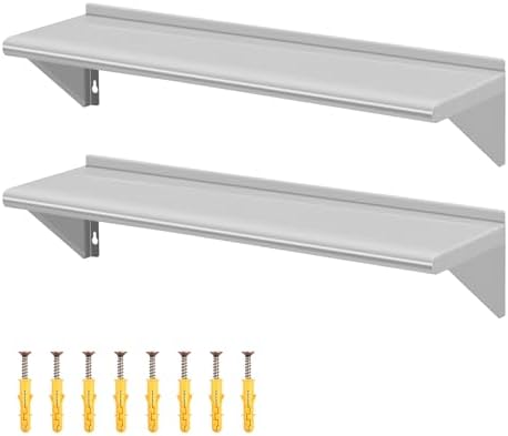 8.6" D x 30" W Stainless Steel Wall Mounted Shelves, 2 Packs Floating Shelving with Brackets, Commercial Shelf Perfect f