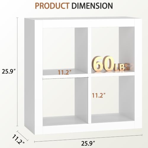 furtble Bookshelf with Storage Bin, 4-Cube Storage Organizer, Modern Wood Open Bookcase, Multifunctional Display Shelf f