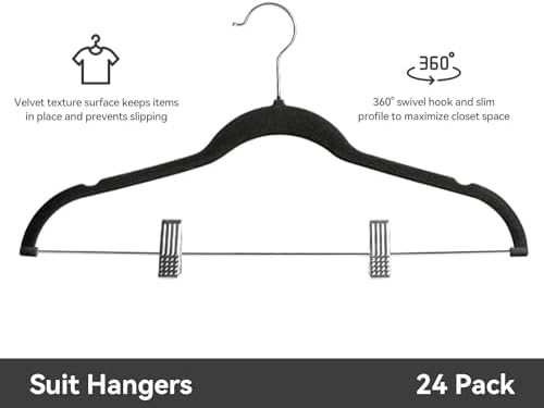Velvet Pants Hangers Pack of 24, Non-Slip Skirt Clothes Trousers Hangers with Adjustable Clips, 360 ° Swivel Hooks Black/Silver