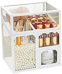 MOOCHI White Vintage Glass Cosmetic Multifunctional Makeup Organizer with Pearls Dustproof Cosmetics Storage Display Cas