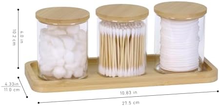 INIUNIK Qtip Holder with Vanity Tray, 3 Pack Glass Apothecary Jars with Lids, Bathroom Accessories Canisters Organizers 