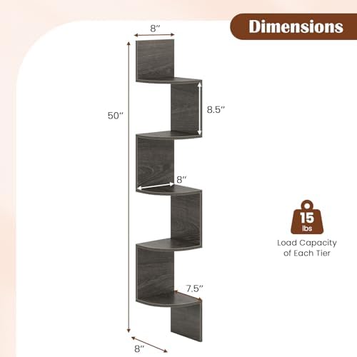 GOFLAME Corner Shelf Wall Mounted Set of 2, 5-Tier Floating Corner Bookshelf, Wood Plant Stand, Modern Floating Display 