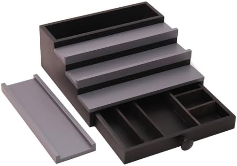 4 Tier Men's Cologne Organizer, Black Gray Wood Display Stand with Drawer