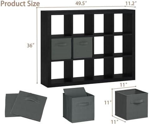 furtble Bookshelf with Storage Bin, 12-Cube Storage Organizer, Modern Wood Open Bookcase, Multifunctional Display Shelf 