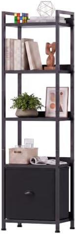 OLIXIS 5 Tier Bookshelf with Fabric Drawer, Tall Narrow Bookcase with Shelf
