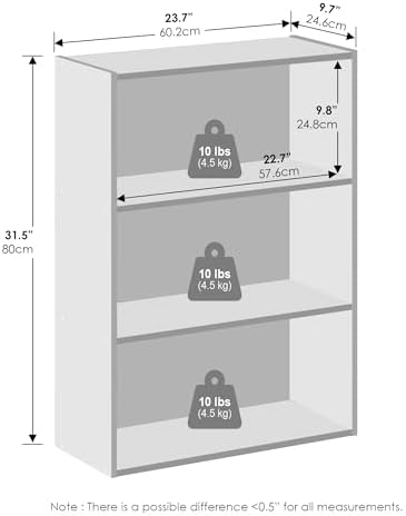 Furinno Simple Book Shelf, 3-Tier Bookshelf, Storage Shelves Bookcase, 9.7 x 23.7 x 31.5, for Living Room, Bedroom, Home