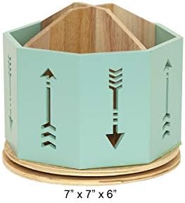 Spinning Desktop Stationary Organizer – Decorative Wooden Rotating Pen and Pencil Cup – 4 Compartment Teal Desk and Table Top Office Supplies Station with Arrow Design - by Designstyles