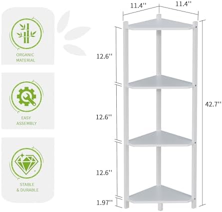 Wisuce Bamboo Small Corner Shelf Stand, 4-Tier White Corner Bookshelf