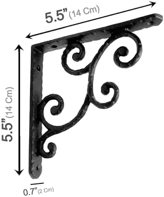 NACH Decorative Shelf Brackets, 2 Pack of 5.5 x 0.7 x 5.5 inch, Black Cast Iron Shelving Brackets - Metal Shelf Brackets