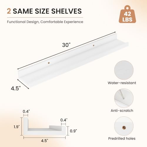 Dreamland Picture Ledge Shelf for Wall, Floating Shelves Set of 2,30 inch Long Floating Shelves with Lip for Living Room,Bedroom,Bathroom,Kitchen,White