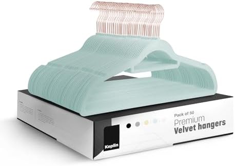 KEPLIN Velvet Hangers 50 Pack - Non-Slip Clothes Hangers with Tie Bar & 360° Hook - Durable & Sturdy, Space-Saving Wardrobe Organisers for Suits, Jackets & Clothes- Home Storage Solution (Mint Green)