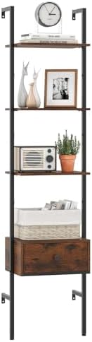 GIANTEX 5-Tier Ladder Bookcase with Drawer, 70" Tall Wall-Mounted Bookshelf with Metal Frame, Industrial Open Display Sh