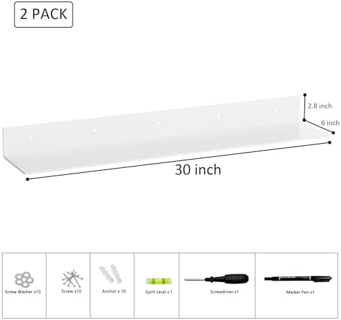 Sezanrpt 30 Inch White Floating Shelves for Wall Décor, Acrylic Storage Wall Shelf Holder, Wall Mounted Home Organizer Shelves with a Free Screwdriver, 2 Pack(30 Inch)
