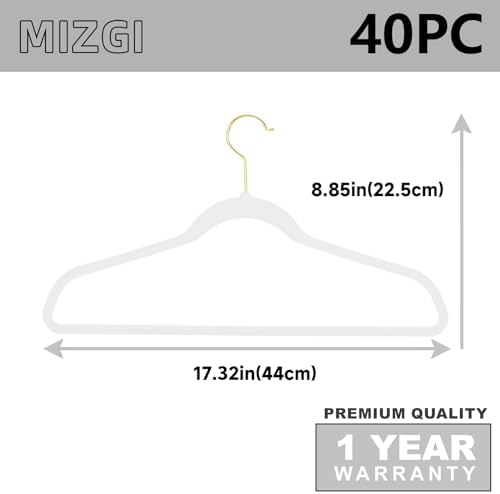 MIZGI White Velvet Hangers 40 Pack,Premium Gold Clothes Hangers Non-Slip Felt Hangers,Sturdy White Hangers Heavy Duty Coat Hangers,Durable Suit Hangers for Space Saving, No Hanger Marks