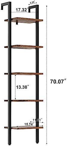 YMYNY 5 Tiers Ladder Bookcase, Industrial Wall Mounted Bookshelf, Open Display Rack with Metal Frame, Wooden Storage She