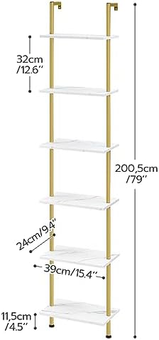 HOOBRO DIY Ladder Shelf, 6-Tier Wooden Wall Mounted Bookshelf, Narrow Gold Bookcase, Display Shelf, Storage Rack, Plant 