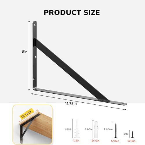 12 Pack 12 Inch Heavy Duty Shelf Bracket, Wall Shelf L Brackets for Floating Shelves, 250 LBS Max Load, Mounting Hardwar