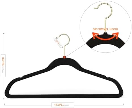 Korpai 60 Pack Black Velvet Hangers,Felt Hangers with Gold 360 Swivel Hook,Suit Hanger for Closet Organizer, Non Slip,Heavy-Duty,Space Saving,Slim Clothes Hangers for Coats,Outfit,Shirts,Suits,ect