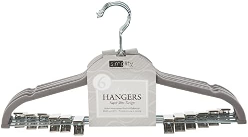 Simplify Velvet hangers - Plastic Hangers with Zink Hooks - Hangers for Pants, Shirts, Clothes - Grey - Pack of 6 - 0.16" x 16.93" x 9.06"