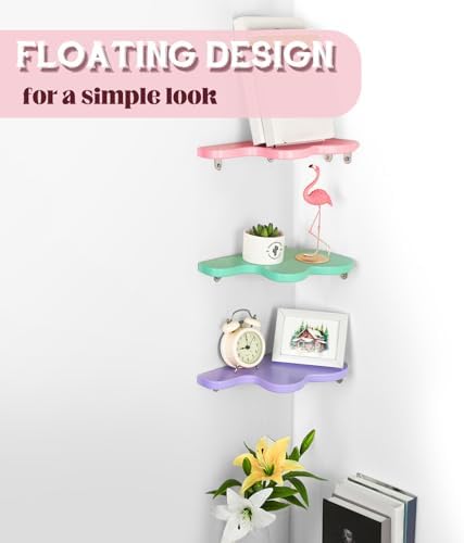 Cute Wavy Corner Shelf Wall Mount, Set of 3 Wood Floating Cloud Corner