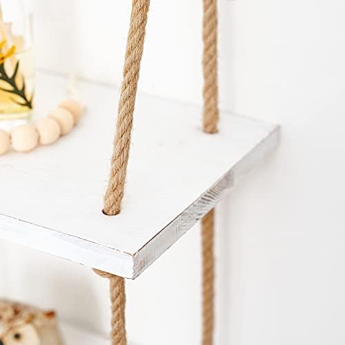 Mkono Hanging Shelves 3 Tier White Wood Wall Mount Floating Shelf with Rope Boho Decor for Living Room Bathroom Bedroom 