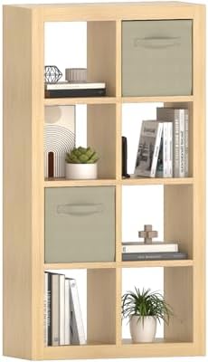 furtble Bookshelf with Storage Bins, 8-Cube Storage Organizer, Modern Wood Open Bookcase, Multifunctional Display Shelf 
