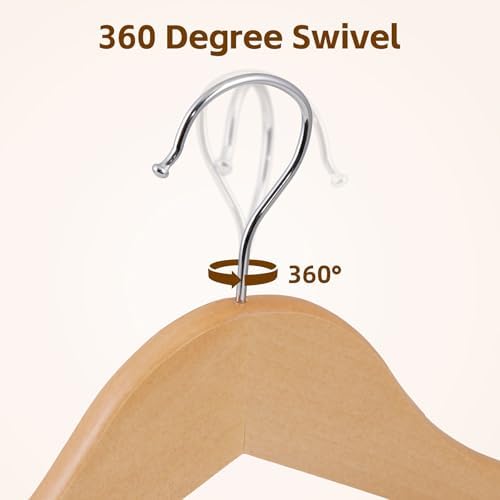 SUPER DEAL Wooden Hangers 50 Pack, Coat Hangers with Shoulder Notches 360 Swivel Chrome Hook Smooth Finish Non-Slip for Strap, Dress, Shirt, Pant, Jacket, Natural