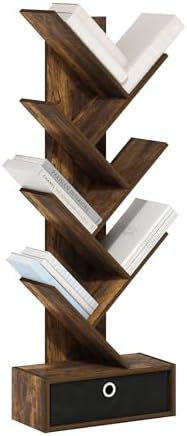 Furinno Tree Book Shelf, 7-Tier Bookshelf, Tree Bookcase with Bin Drawer, 8.4 x 16.9 x 46.2, for Living Room, Bedroom, H