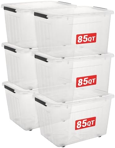 Cetomo Plastic Storage Bins, Lidded Storage Box with Wheels for Home Office Dorm, Wheeled, Stackable, Clear, 85Quart-6 P