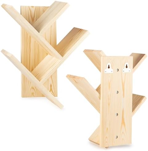 Tree Bookshelf, 3-Tier Wall Mounted Natural Book Organizer - Solid Pine Wood Shelf for Bedroom