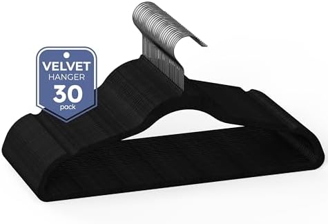 YSSOA Velvet Hangers 30 Pack, Heavy Duty Non-Slip Clothes Hangers with Shoulder Notches, 360° Swivel Hooks, Black