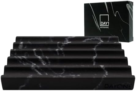 DAYONE Holder with Marble Look - Soap Dish with Soap Saver Ridges Rectangle Bar Soap Holder with Non Slip Feet - Soap Tr