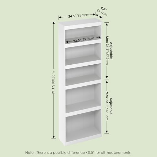 Frei 5-Tier Bookcase, Adjustable Bookshelf, for Living Room and Home Office, White