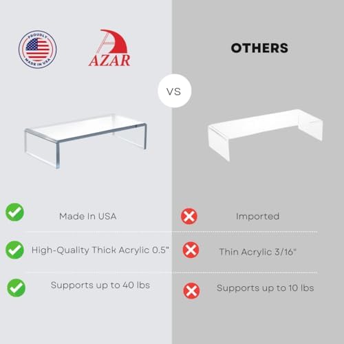 Azar 515360 Acrylic Monitor Stand Riser – Made in USA Laptop stand and Monitor Riser Acrylic Monitor Stand Riser Clear L