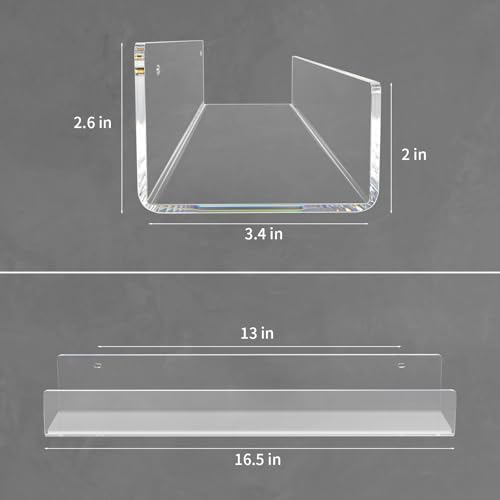NIUBEE 16.5-Inch Acrylic Floating Bookshelves, 4-Pack, Clear Modern Wall Shelves for Child/Toddler， Invisible Ledge Book Shelves for Multi-Layer or Multi-Room Storage in Kids’ Rooms and Family Spaces